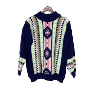 Rare Vintage Clifton Place Pastel Pixelated Geometric Mockneck Sweater Navy Pink